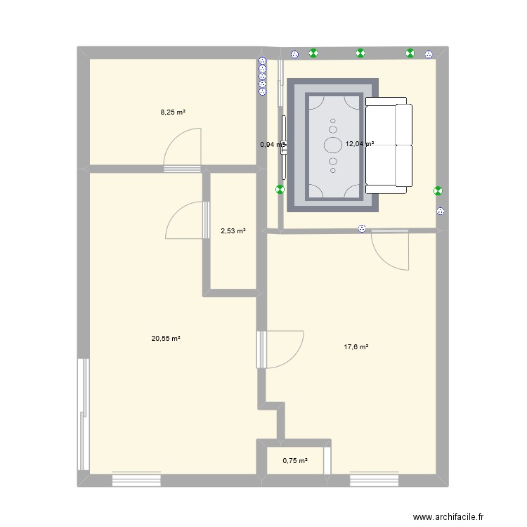 Salle ciné. Plan de 7 pièces et 63 m2