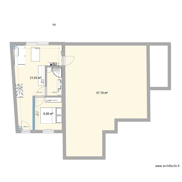 Extension studio. Plan de 3 pièces et 87 m2