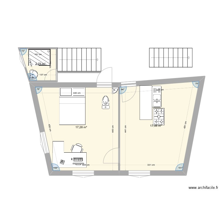 ET1_amenag. Plan de 3 pièces et 37 m2