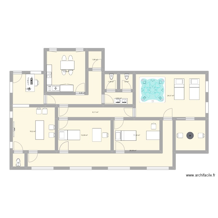 institut. Plan de 13 pièces et 133 m2