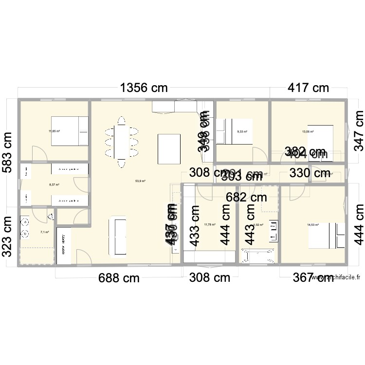 vvv. Plan de 11 pièces et 146 m2