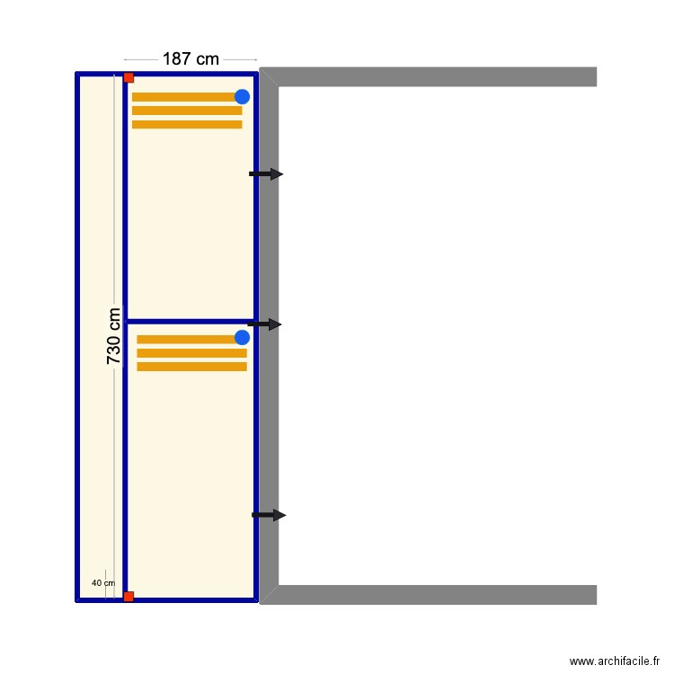 Mendes 7300 x 1870 avancé de charpente. Plan de 3 pièces et 17 m2