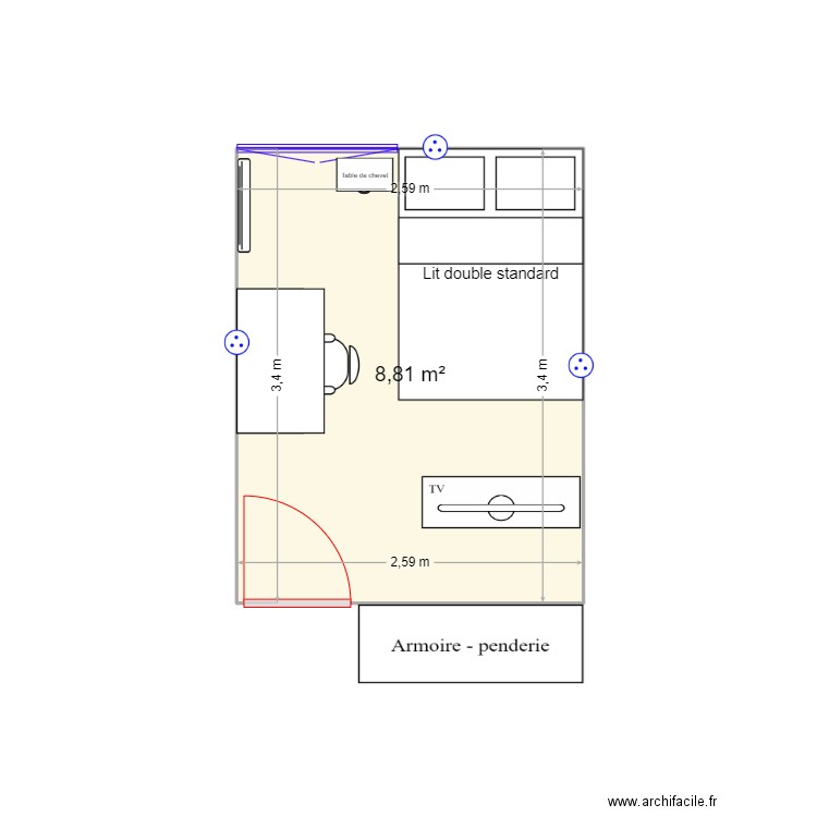 chambre kharl. Plan de 1 pièce et 9 m2