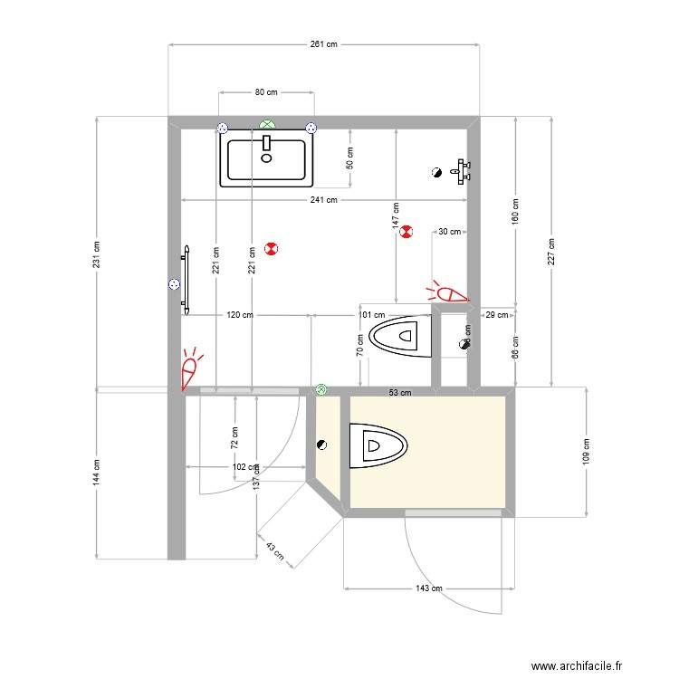 Salle d'eau 60 Electricité. Plan de 2 pièces et 2 m2