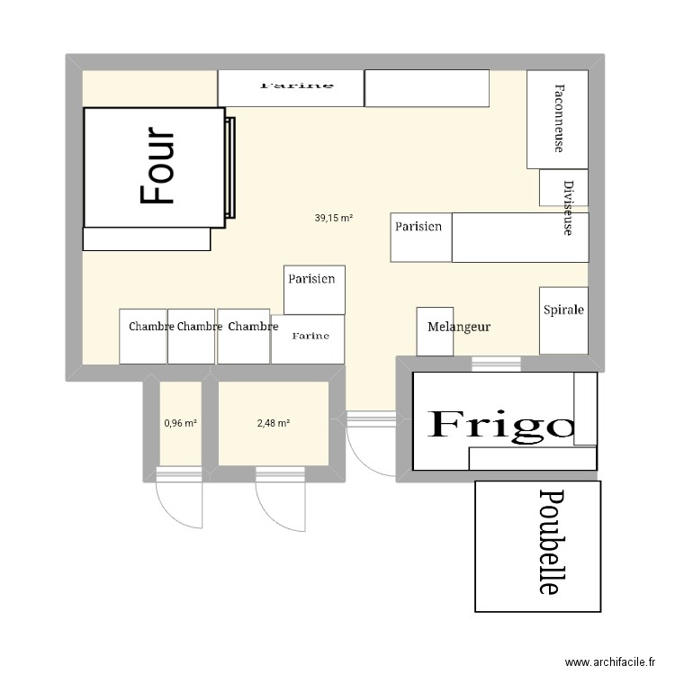 Boulangerie actuel. Plan de 3 pièces et 43 m2