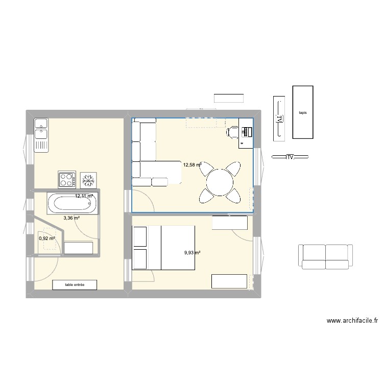 Paris2. Plan de 5 pièces et 39 m2