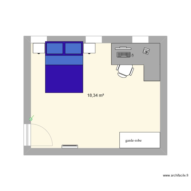 chambre centre pour adulte . Plan de 1 pièce et 18 m2