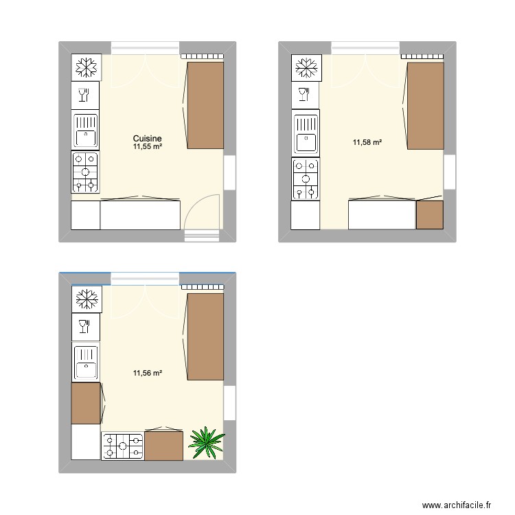 Cuisine. Plan de 3 pièces et 35 m2