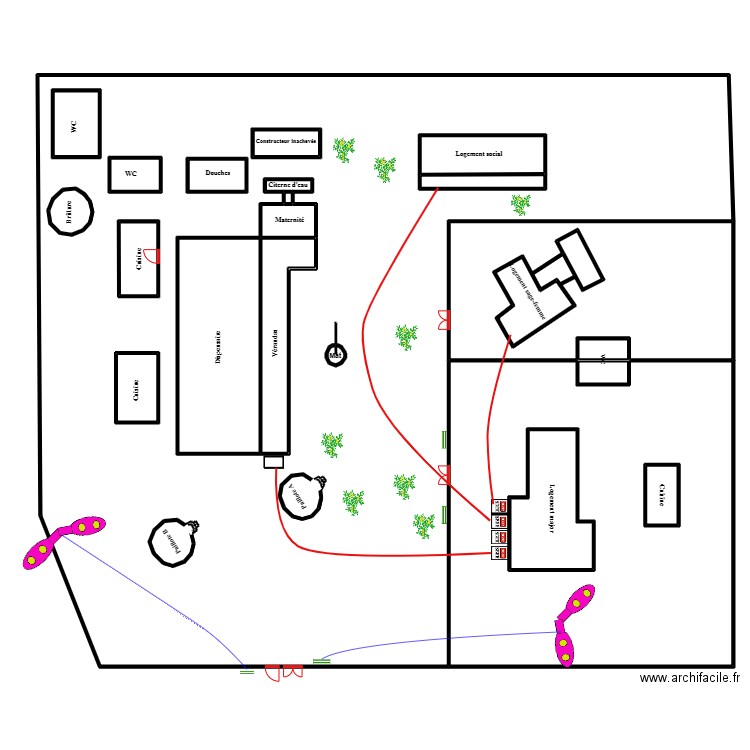 Plan de masse Hounhoue. Plan de 30 pièces et 1612 m2