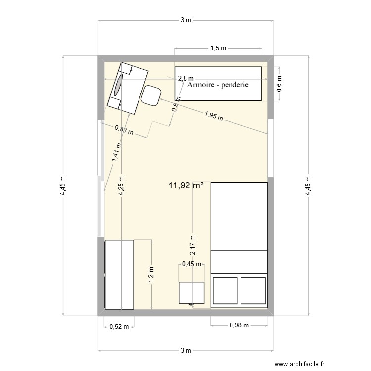 Brigitte. Plan de 1 pièce et 12 m2