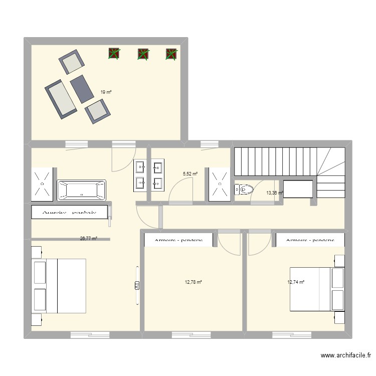 Maison la Roquette étage. Plan de 6 pièces et 90 m2