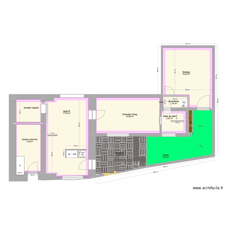 Appt B cloison. Plan de 15 pièces et 97 m2