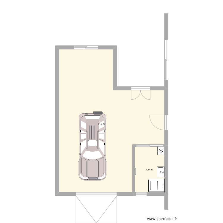 Garage SDB. Plan de 2 pièces et 69 m2