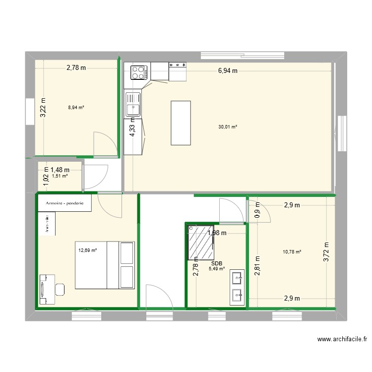 maison. Plan de 6 pièces et 69 m2