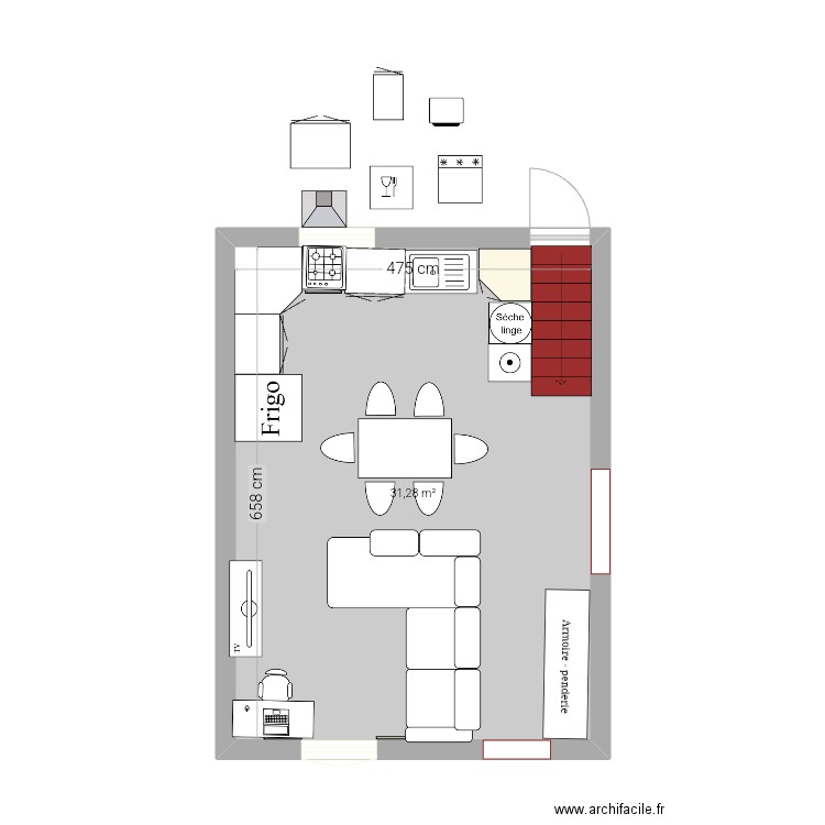 Pièce a vivre. Plan de 1 pièce et 31 m2