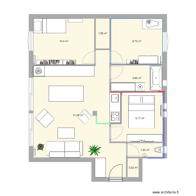 Cuisine fonds du salon2. Plan de 8 pièces et 68 m2