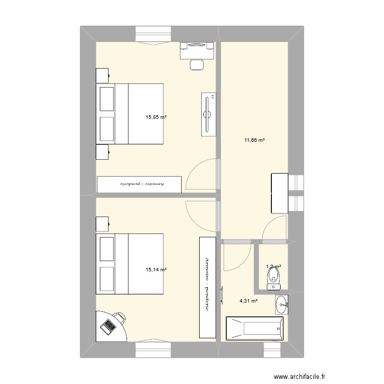 Bellevue 1er etage. Plan de 5 pièces et 48 m2