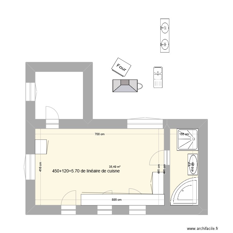 Projet 1 SD Cuisine Tiercelet. Plan de 1 pièce et 35 m2