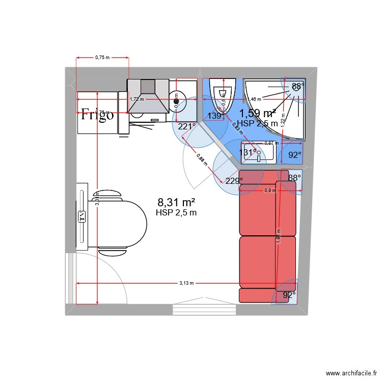 rennes du 22 mars. Plan de 2 pièces et 10 m2