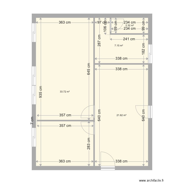 Bourgade Existant. Plan de 4 pièces et 65 m2