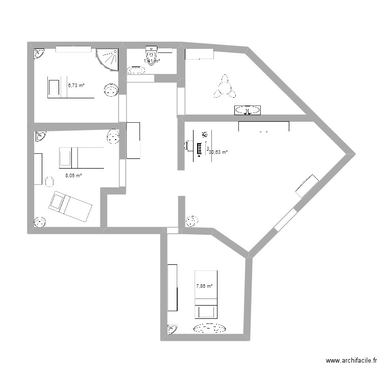 a fleur de peau 2. Plan de 5 pièces et 55 m2