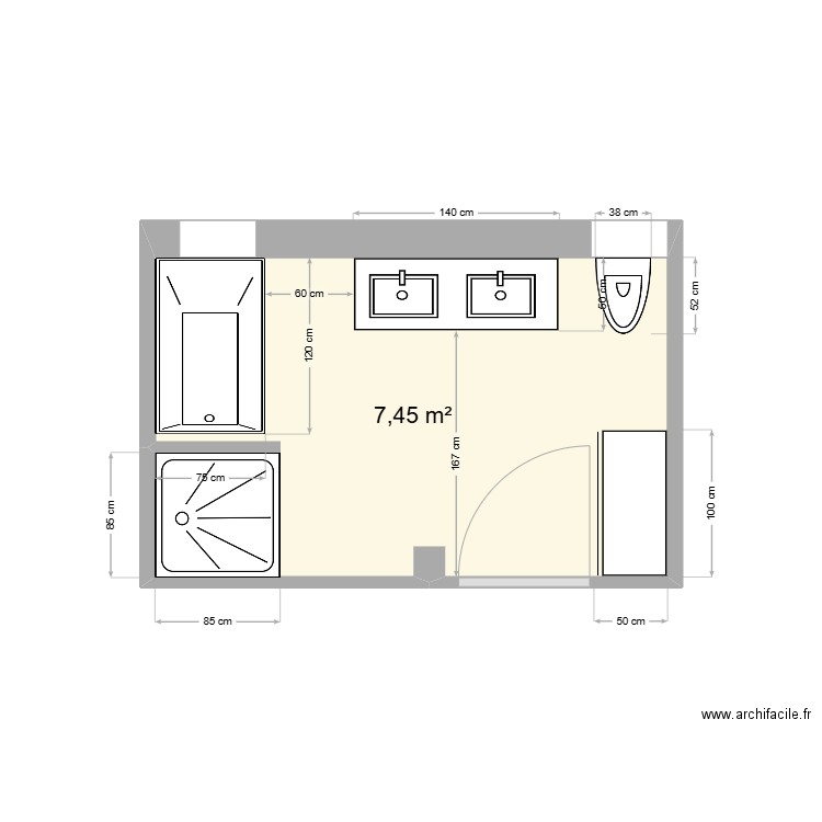 SDB. Plan de 1 pièce et 7 m2