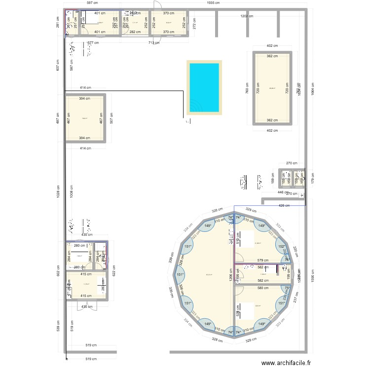 48H eau distri. Plan de 15 pièces et 214 m2