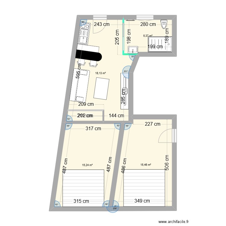 Gambetta. Plan de 4 pièces et 54 m2