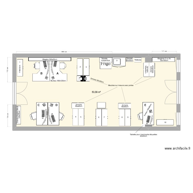 Bureau Implants XL. Plan de 1 pièce et 53 m2