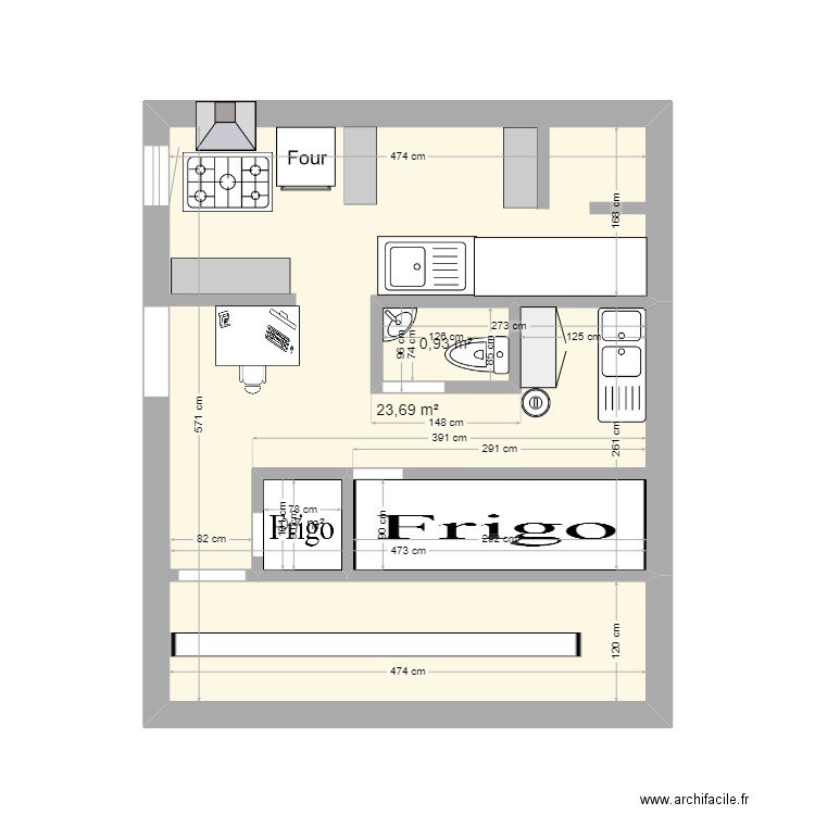 boucherie. Plan de 3 pièces et 25 m2