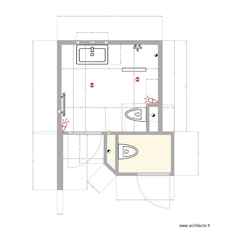 Salle d'eau 63 robinetterie douche déplacé . Plan de 2 pièces et 2 m2