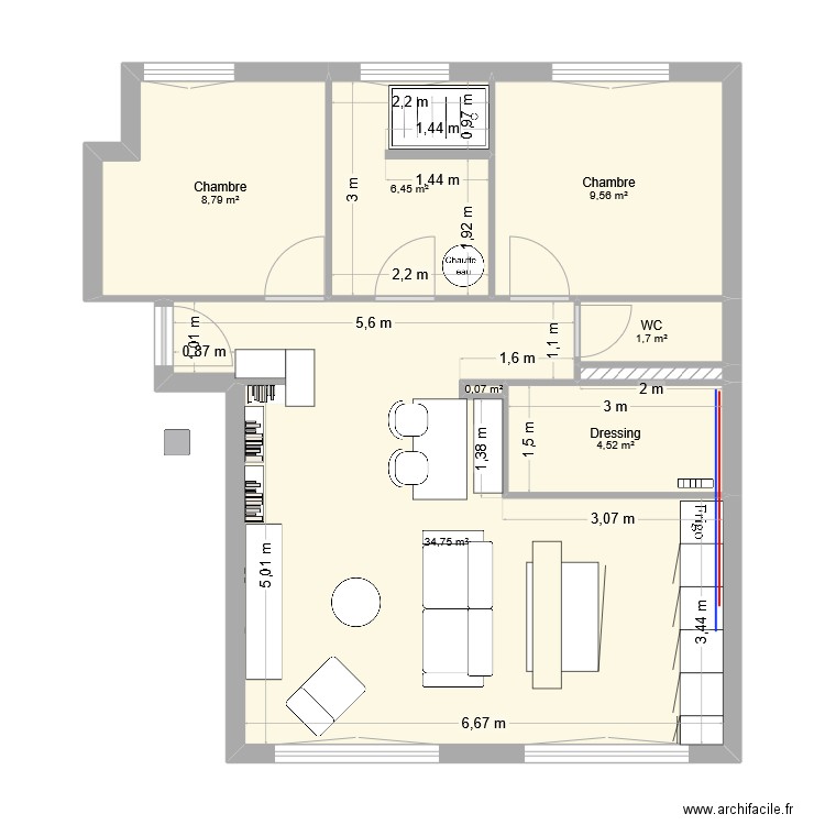 Plan V3 pipo. Plan de 8 pièces et 66 m2