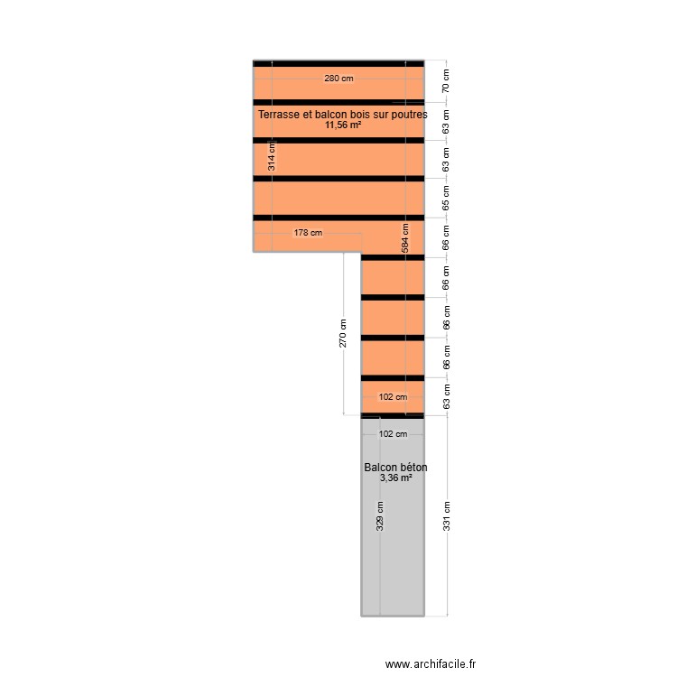 Balcon et Terrasse Issendolus. Plan de 2 pièces et 15 m2