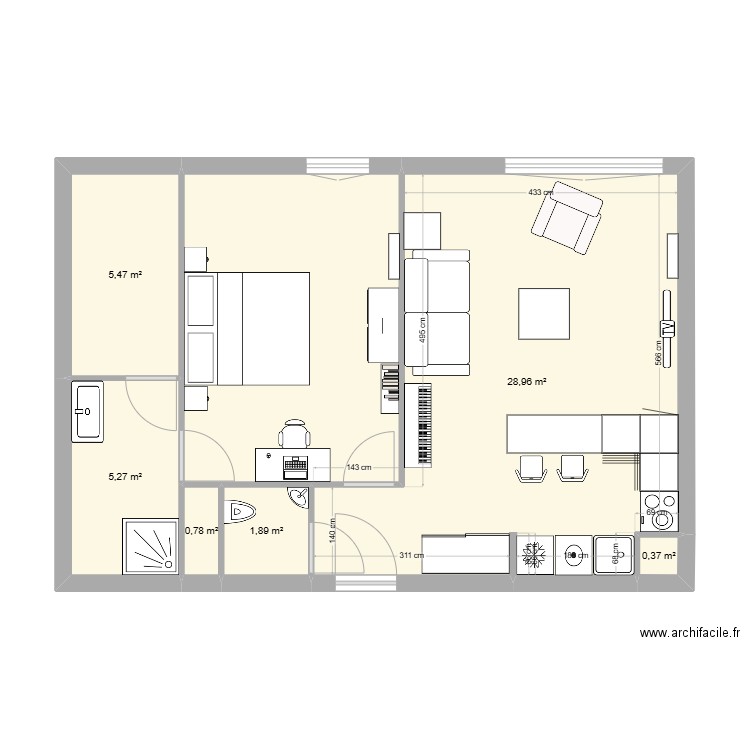 l'Isles Adam. Plan de 7 pièces et 59 m2