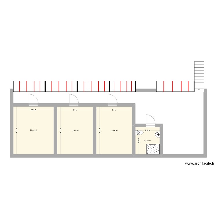 BUREAU MEZZANINE. Plan de 4 pièces et 45 m2