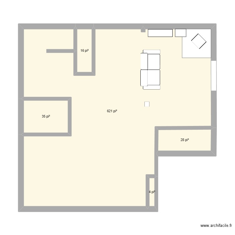 poele a bois du salon. Plan de 5 pièces et 65 m2