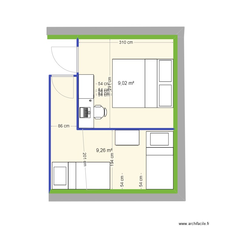 CHAMBRES HAUT 2. Plan de 2 pièces et 18 m2