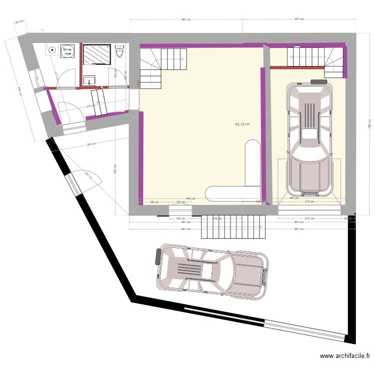 gaines RDC. Plan de 1 pièce et 62 m2