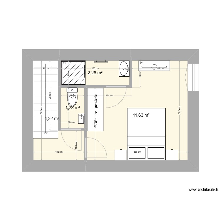 Logt D étage 2. Plan de 4 pièces et 19 m2