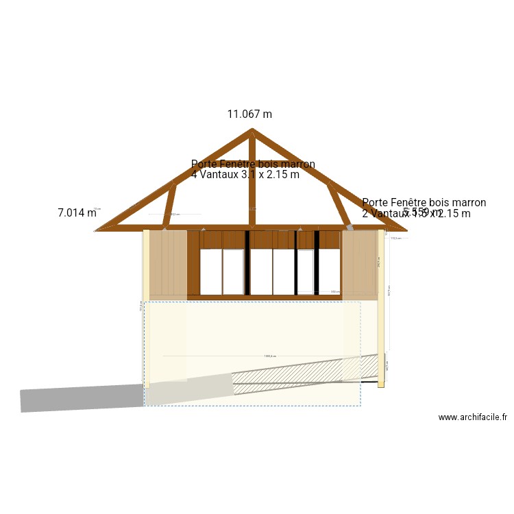 facade sud projetée ptite fenetre. Plan de 9 pièces et 23 m2