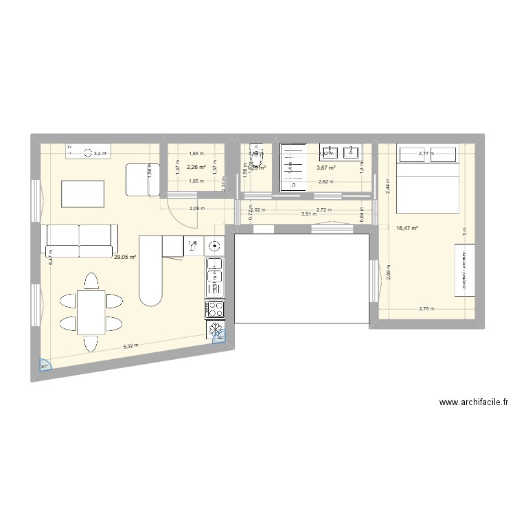 doc letourneur etg1. Plan de 5 pièces et 53 m2