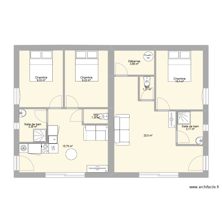 Rez de chaussé. Plan de 10 pièces et 78 m2