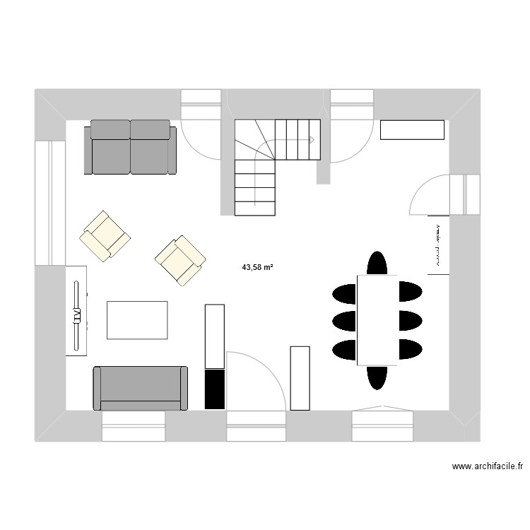 salon. Plan de 1 pièce et 44 m2