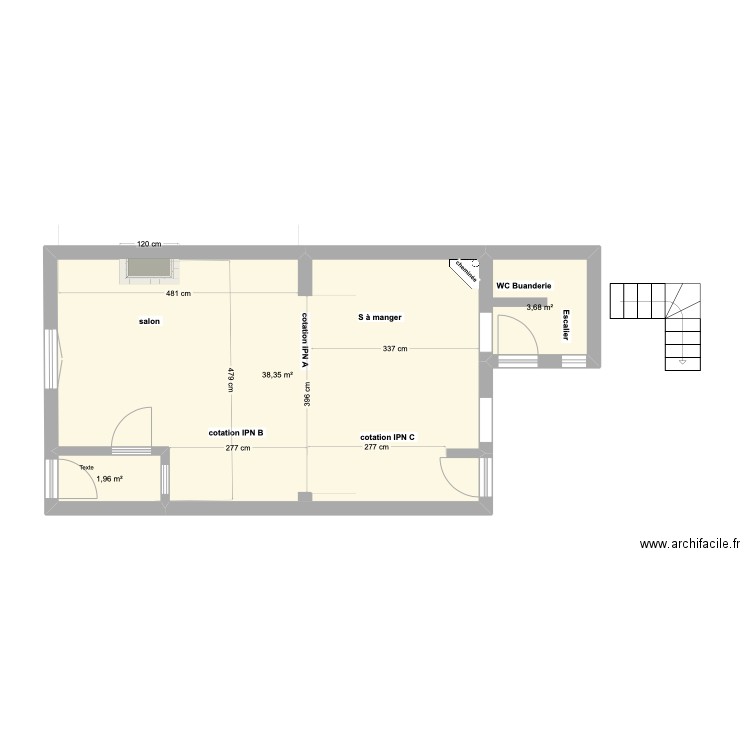 Projet RdC Vue intérieure générale V1. Plan de 3 pièces et 44 m2