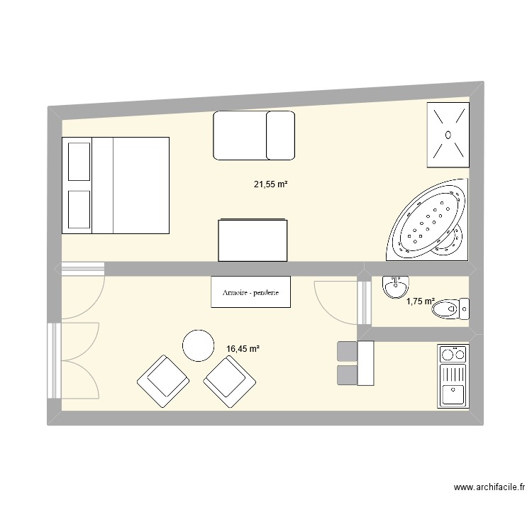 loveroom. Plan de 3 pièces et 40 m2