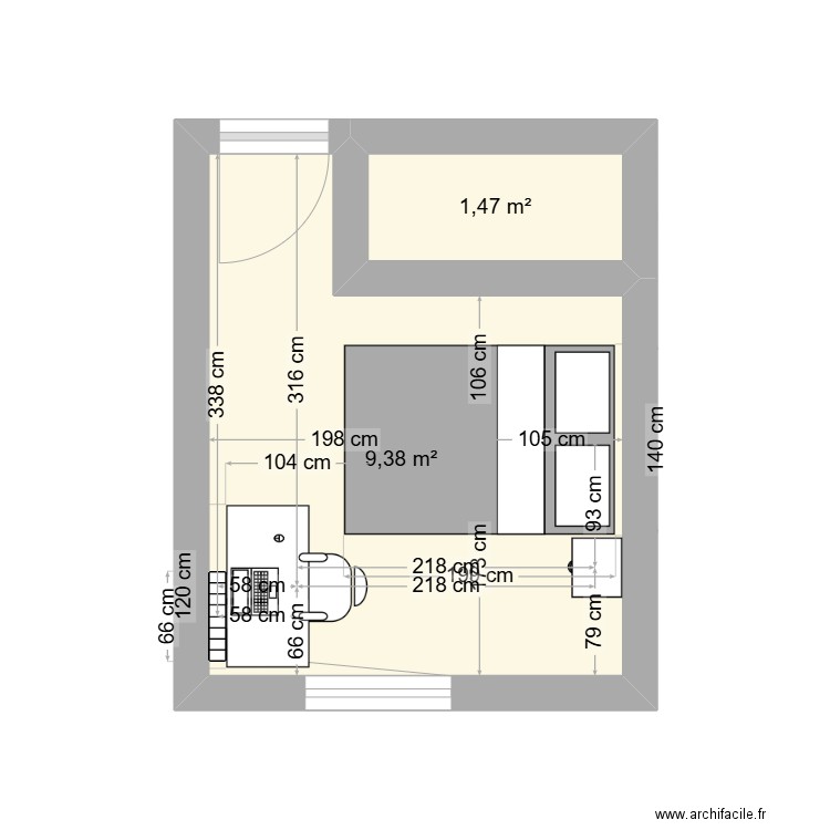 chambre 1. Plan de 2 pièces et 11 m2