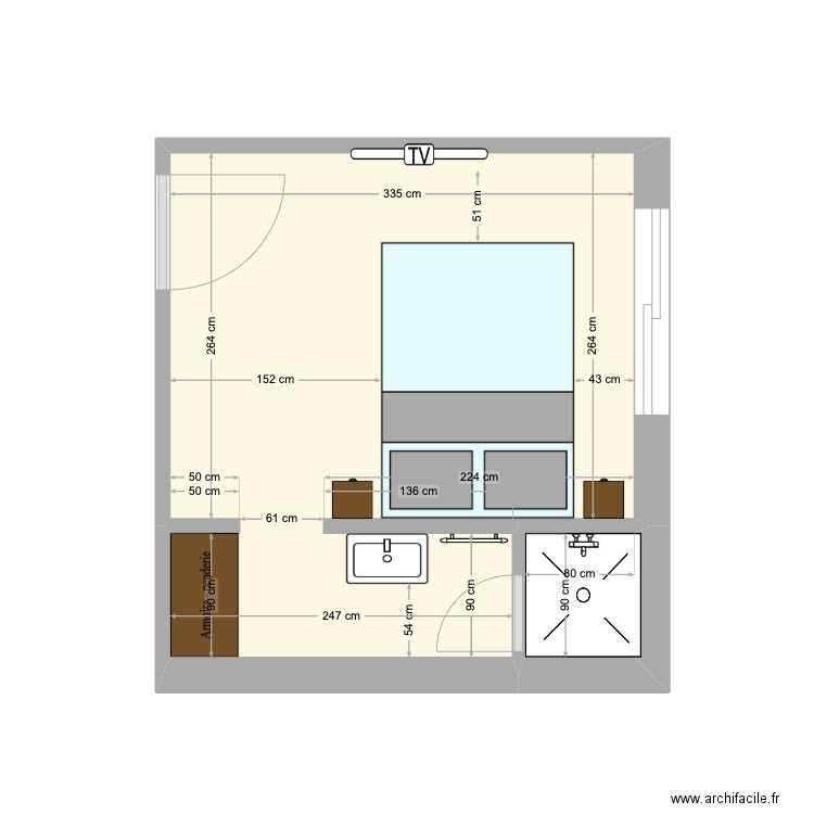 sdb chambre dolce rdc. Plan de 2 pièces et 12 m2