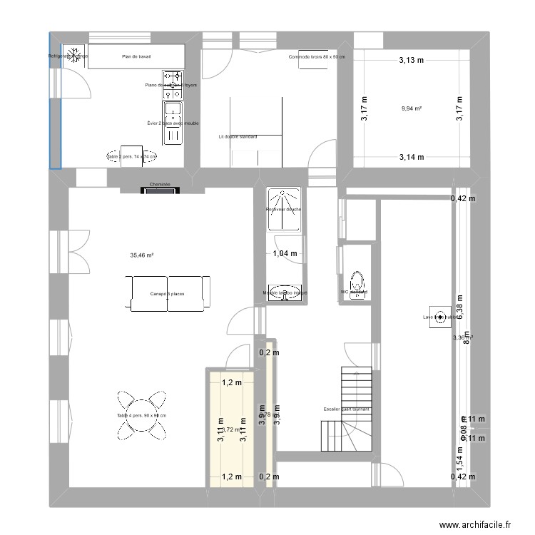 Rochechouart rdc - projet. Plan de 5 pièces et 53 m2