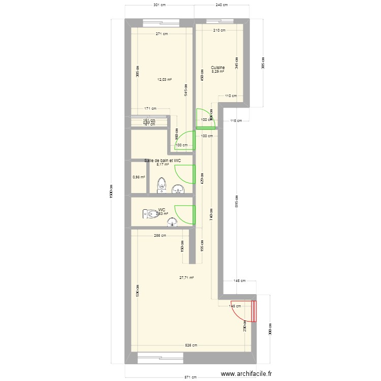 Appartement 2 pièces 61 m². Plan de 7 pièces et 58 m2