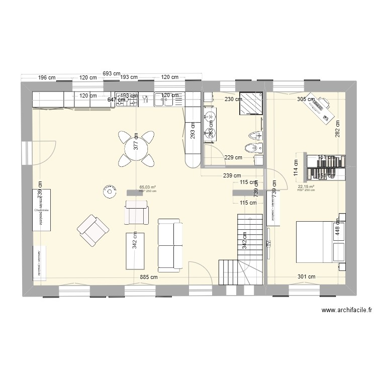 PES aménagé 2. Plan de 2 pièces et 87 m2